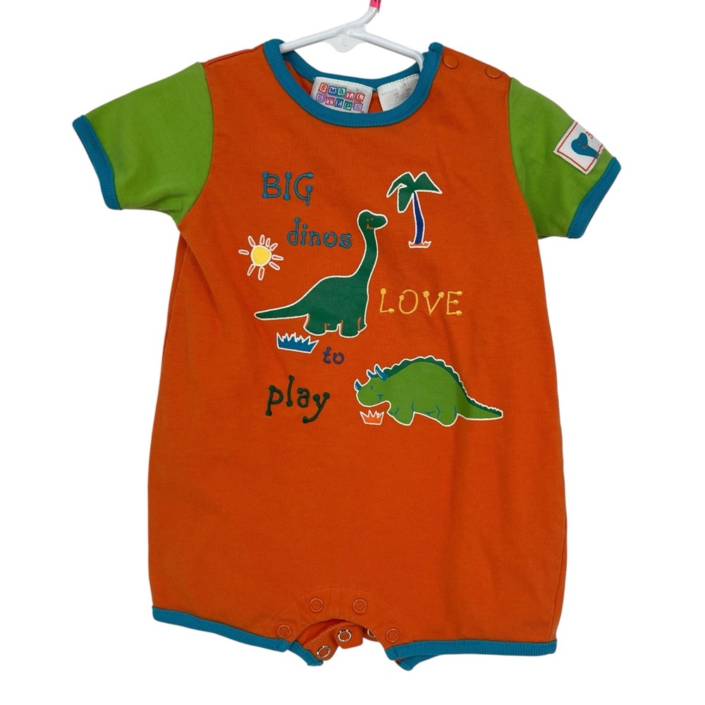 Small Steps Vintage Orange Green Dinosaur Baby Romper 3-6 months